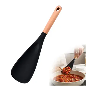 Cooking Spoon Set for Non-Stick Cookware-Cooking Spoon Silicone Spatula Spoon with Wooden Handle Heat Resistant Rubber Serving Spatula Spoons for Mixing Scooping and Scraping