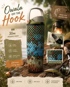 Owala Off The Hook 30oz Insulated Water Bottle with Straw Lid, Leak Proof Stainless Steel Tumbler, Fishing Inspired Reusable Cup, BPA Free Keeps Drinks Cold 24H