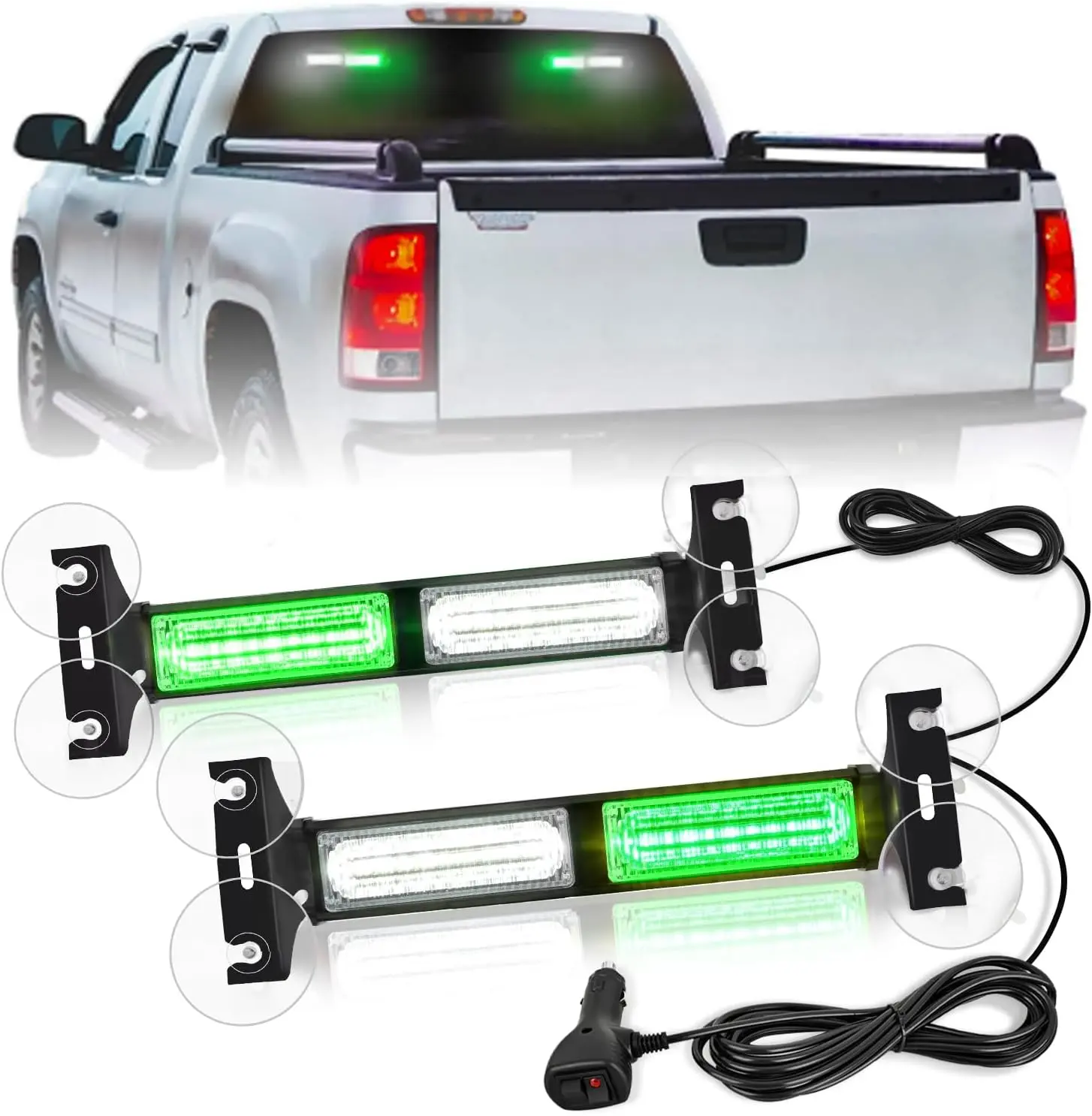 Nilight 40LED Green White Strobe Light Bar - 8.66 Inch Aluminum Emergency Tool-Free Adjustable Angle Dash Safety Work Lights with Suction Cups for Truck Interior Windshield, Construction Vehicles