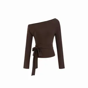 Cider Asymmetrical Neck Belted Long Sleeve Top