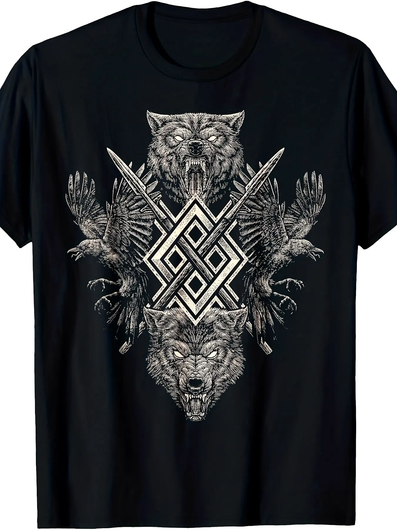 Men's Norse for Viking Odin Wolf Raven Pagan Gungn unisex soft cotton short-sleeved T-shirt, vintage graphic casual tee for men, women, and teens, perfect birthday or holiday gift for camping, travel, gym, or daily street wear.