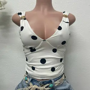 White Top with Black Polka Dots Accessorized with Golden Rose Strap Adjusters