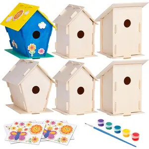 DIY 12 Wooden Bird House Kits - Creative Arts and Crafts Set for Kids and Adults - Unfinished Wood Birdhouses with Paint Strips, Brushes, Stickers and Strings - 3 Unique Shapes, 2 Sizes