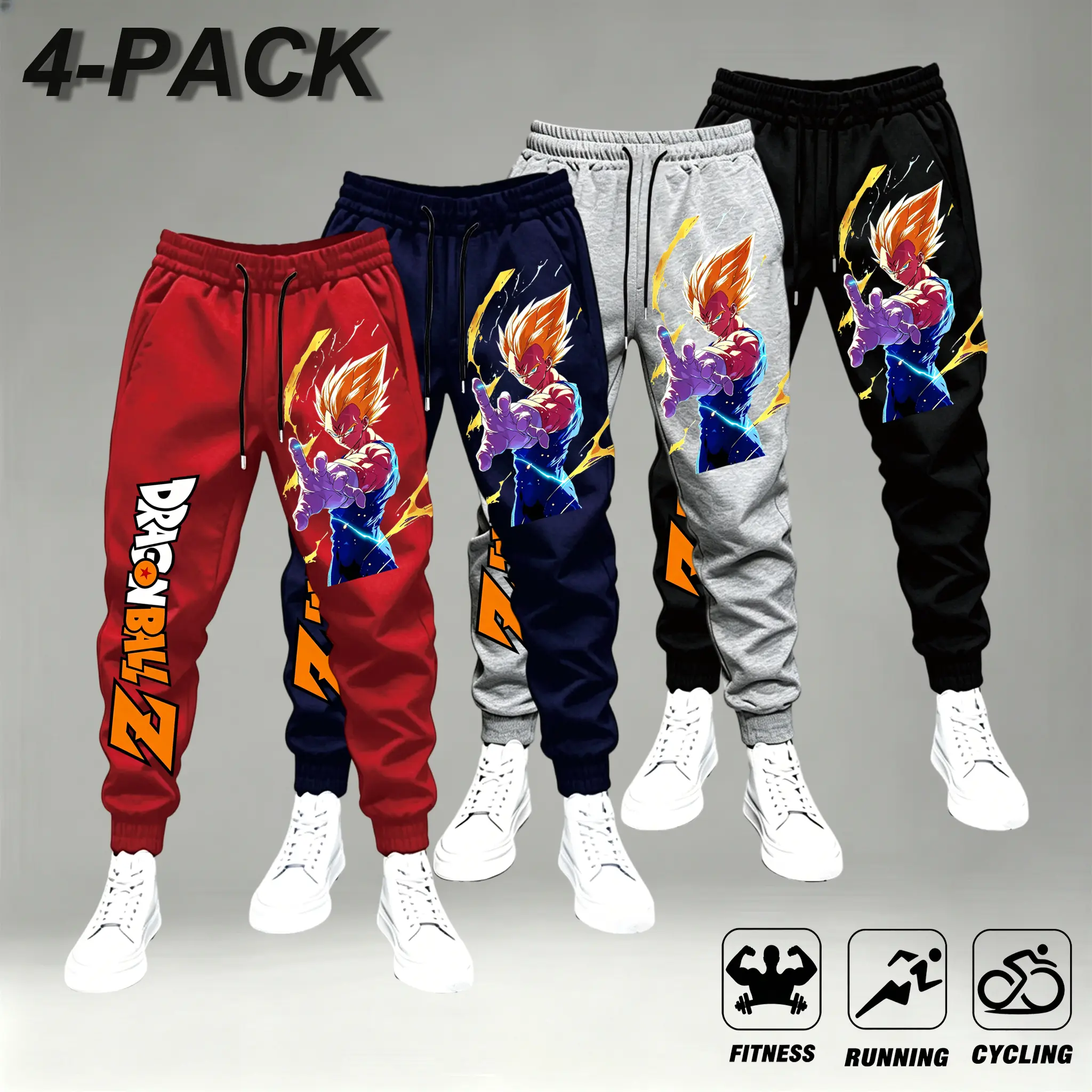 Men's 1-4-Pack Anime Print Jogger Pants, Drawstring Elastic Waist Casual Sweatpants With Cuffed Ankle, Loose Fit Anime Graphic Joggers For Men,Loose Fit Streetwear Trousers For Daily Wear, Fitness Running And Cycling,