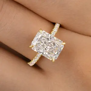 Effinny 925 Sterling Silver Non-tarnish 4.5ct Radiant Cut 14K Gold Plated Engagement Ring, CZ Promise Fashion Jewelry Affordable Luxury for Women, Available in Lab Created Moissanite