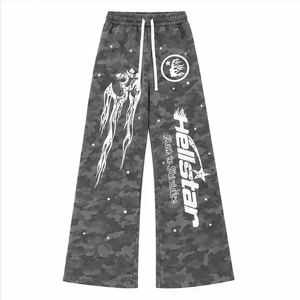 Hellstar Racer Tracksuit Vintage Camo Flame Graphic Hoodie Sweatpants Set Oversized Streetwear Jogger Set