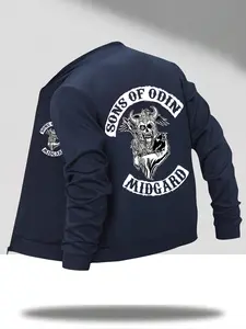 Men's American Casual Stand Collar Jacket, Sons of Odin Midgard Print Text Design, Motorcycle Riding Outdoor Trendy Coat
