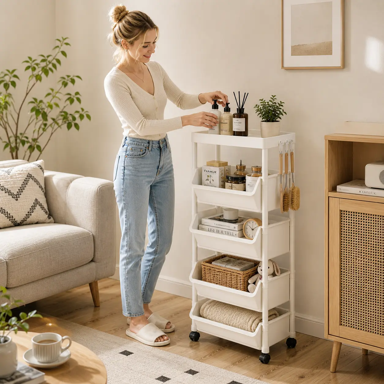 5-Tier Rolling Storage Cart with Wheels, Slim Organizer Rack with Hooks, Space Saving Kitchen & Laundry Shelf, Multi-Use Storage Trolley