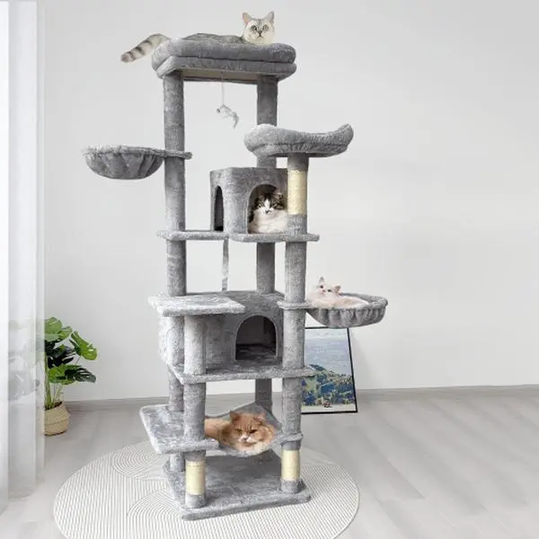 68in Tall Plain Plush Fabric Multi-Level Cat Play Tower - Hammocks, Hanging Basket, Cave, Detachable Cushion, Scratching Posts for Indoor Multiple Cats, Non-Flimsy Construction, Cozy Resting Spot, Ample Play Area