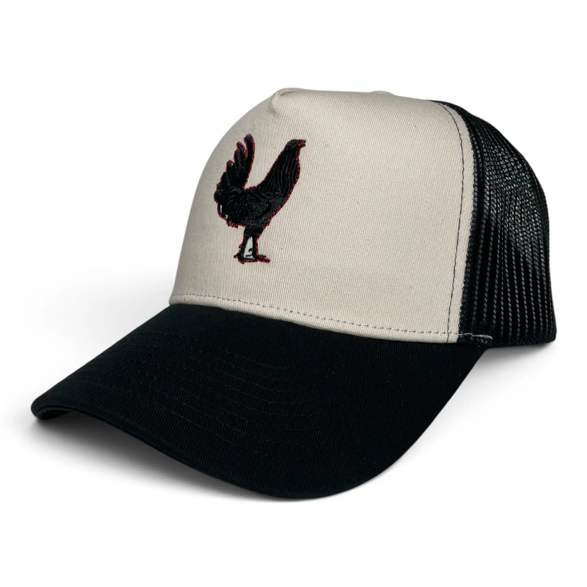 Rooster Embroidered Beige & Black Trucker Snapback Hat