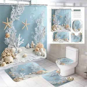 4pcs Oceanic Serenity Bathroom Decor Set, Light Blue Shower Curtain, Floor Mat & Toilet Cover, The floor mat fabric is thicker and softer! Coral, Starfish, Seashells Design