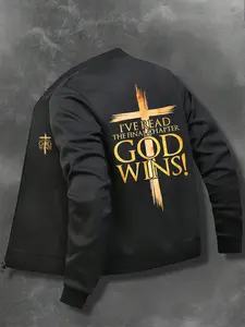 Men's Christian Faith Jacket, Fitted Full Zip Long Sleeve Bible Verse Inspirational Coat, Geometric Pattern, Casual Winter Wear, /gold Letters