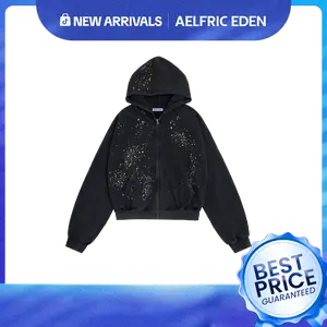 Aelfric Eden Hotfix Rhinestone Star Zip Up Hoodie Vintage Washed Hoodies Streetwear Hooded Sweatshirts Jackets Unisex zip up hoodie