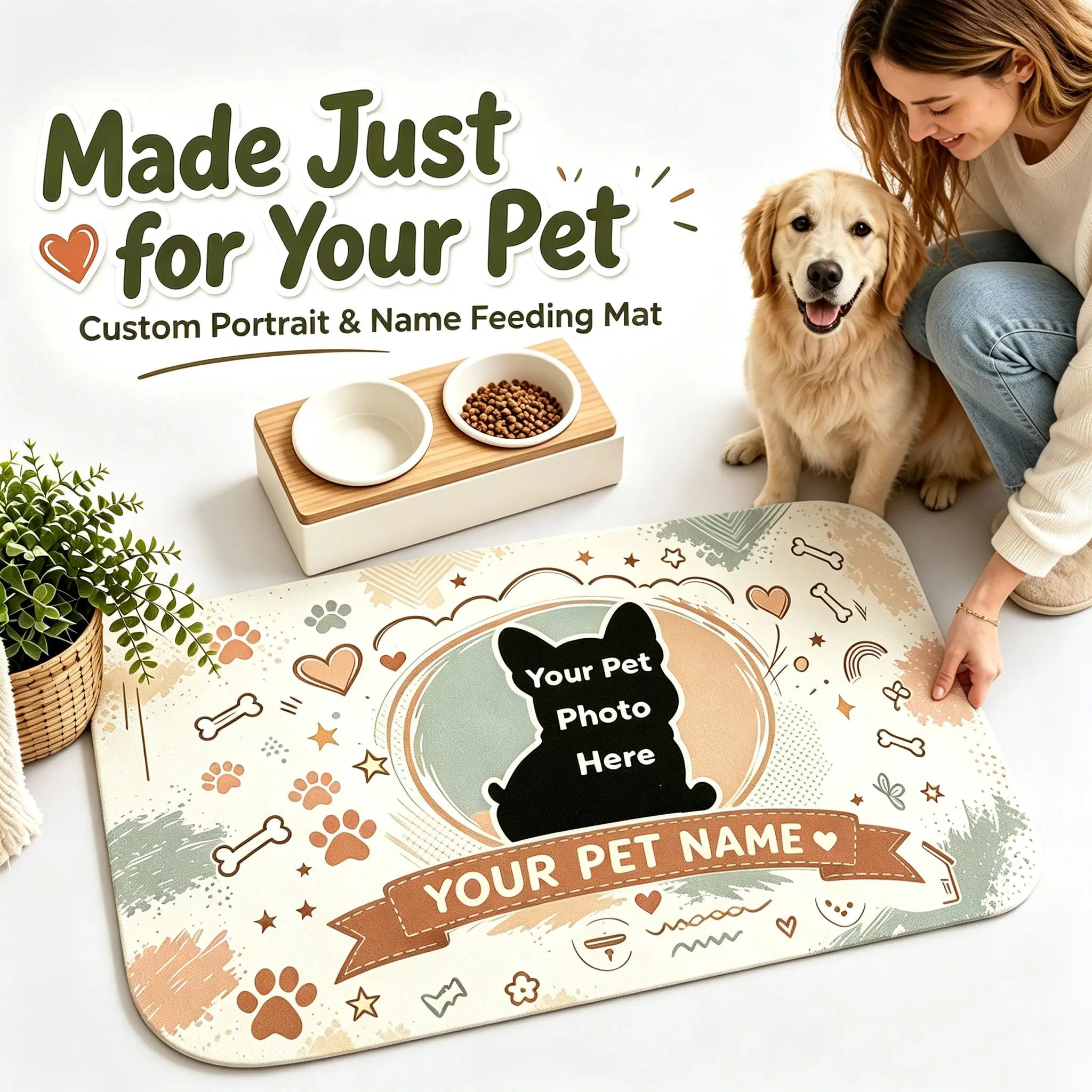 Personalized Custom Pet Feeding Mat with Photo & Name — Send Pet Picture & Name via Message, Absorbent Non-Slip Rubber Back Quick Dry Diatomite Dog Cat Food Water Bowl Mat, Floor Protection Pet Placemat, 3 Sizes -- raised