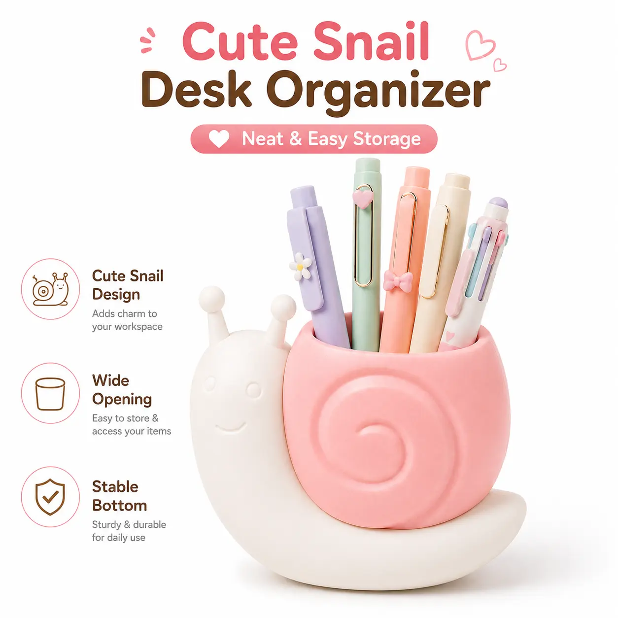 Cute Snail-Shaped Desk Organizer & Pen Holder | Aesthetic Stationery and Makeup Brush Cup for School, Home Office, Study Desk & Kids’ Room Decor
