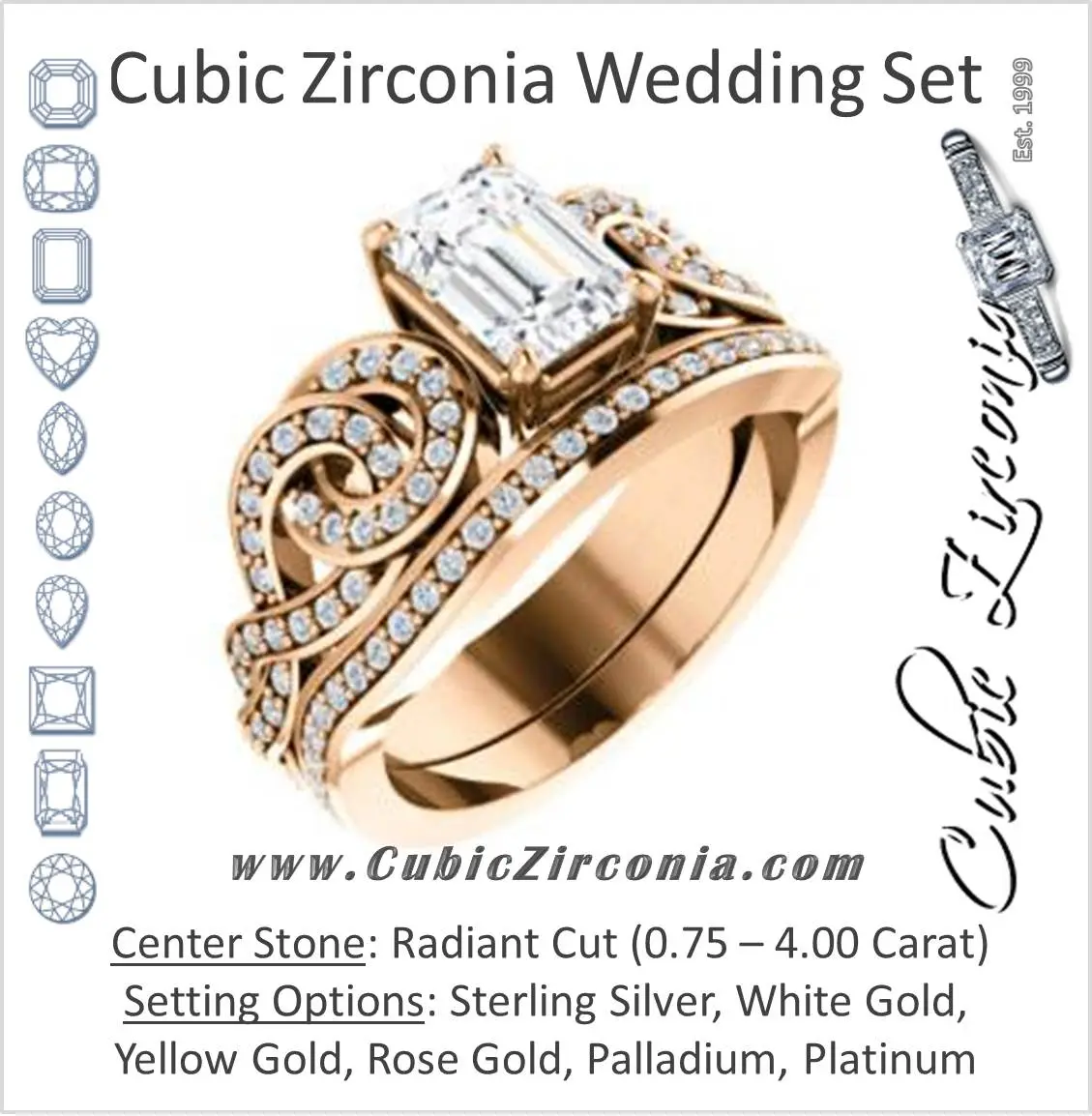 CZ Wedding Set, featuring The Myra engagement ring (Customizable Radiant Cut Split-Band Knots)