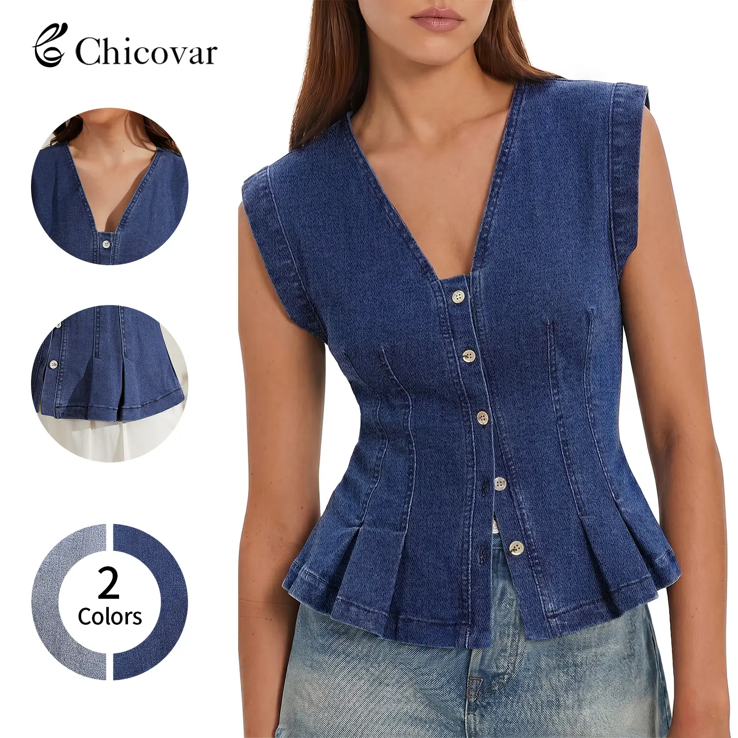 ChicovarFashion Women's V Neck Denim Vests Tops, Button Down Y2k Fitted Pleated Sleeveless Jean Tops for Daily Wear, Vacation, Trip