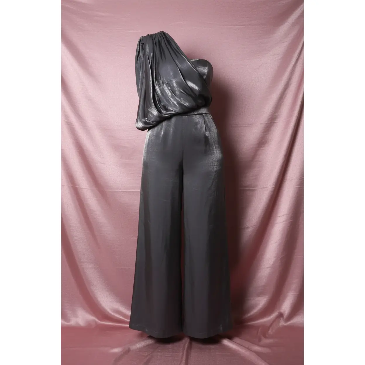 Doing More Jumpsuit - Silver Polyester Top with Wide Leg Pants, Short Sleeves, and Pleated Design for Women's Womenswear