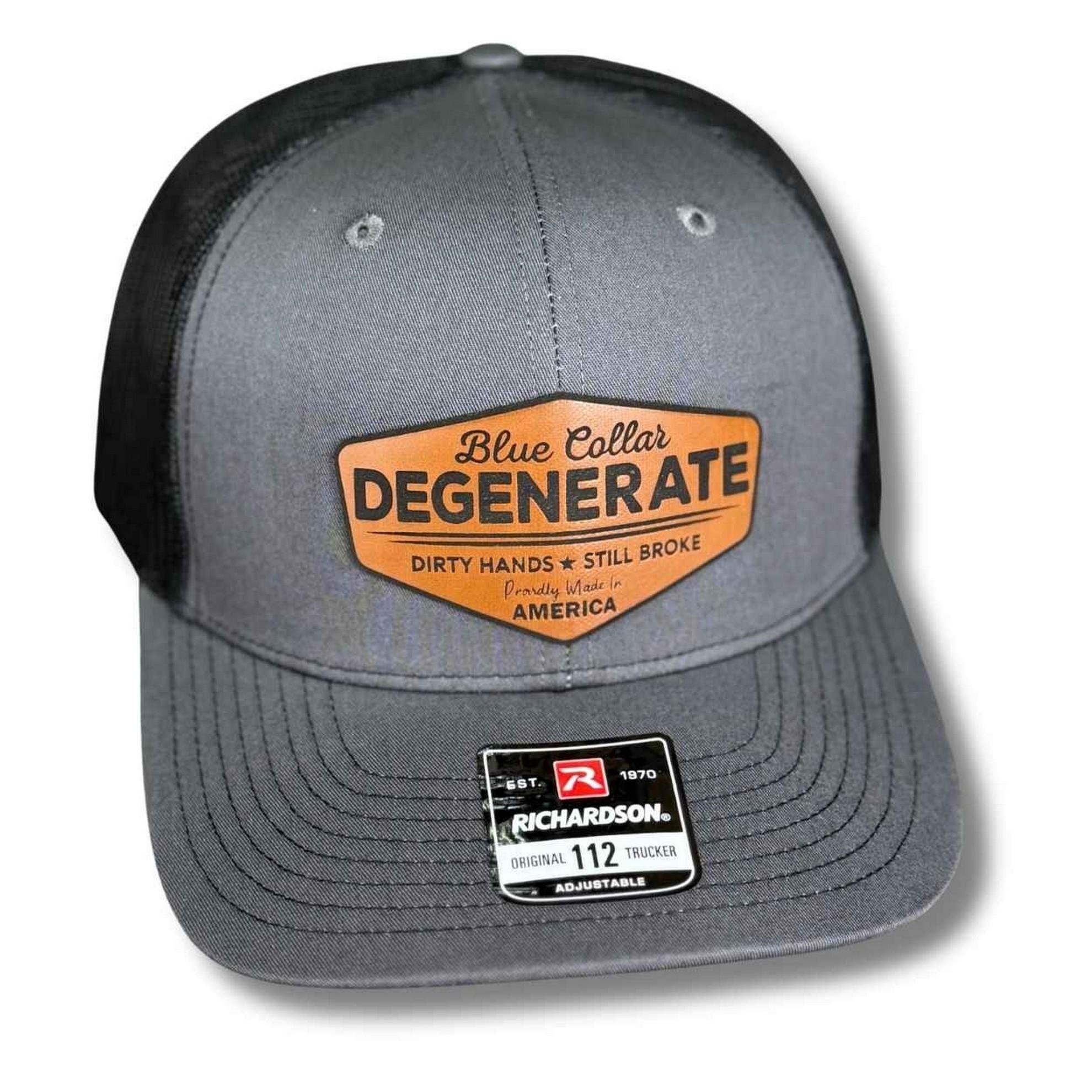 [HOT SALE]  Blue Collar Degenerate Hat Dirty Hands Still Broke Patch Hat Custom Laser Engraved Trucker Fitted orHat - I Hate Pulling Out Leather Patch Trucker Hat - Richardson 112 Mesh Back Cap - Fishing & Boating Gifts for Men
