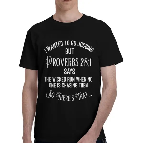 2026 Spring Summer Men's "Proverbs 28:1" Funny Jogging Christian T-Shirt Soft Breathable Fabric Faith-Based Humor Tee Casual Black