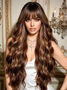 26-Inch Gold Highlights Air Bangs Wavy Wig, Natural Heat-Resistant, Suitable for Office and Music Festivals, All Seasons, Synthetic Wig