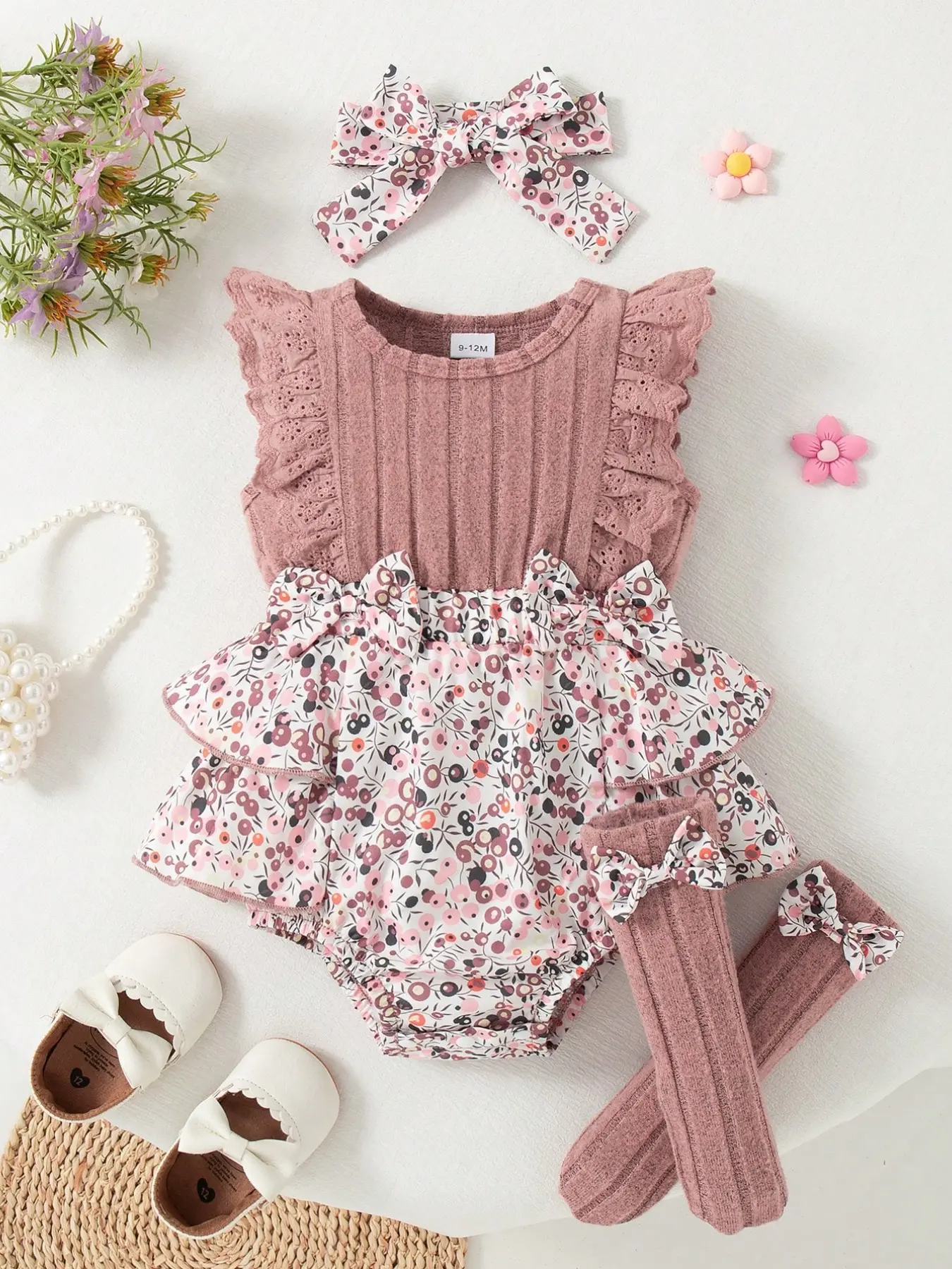 Summer Baby Girl Sleeveless Floral Romper Set, Bow Socks & Hairband, Cute Infant, Baby Clothing, Comfortable & Stylish, Bodysuit, Bodysuit Clothes
