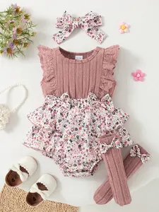 Summer Baby Girl Sleeveless Floral Romper Set, Bow Socks & Hairband, Cute Infant, Comfortable & Stylish, Bodysuit