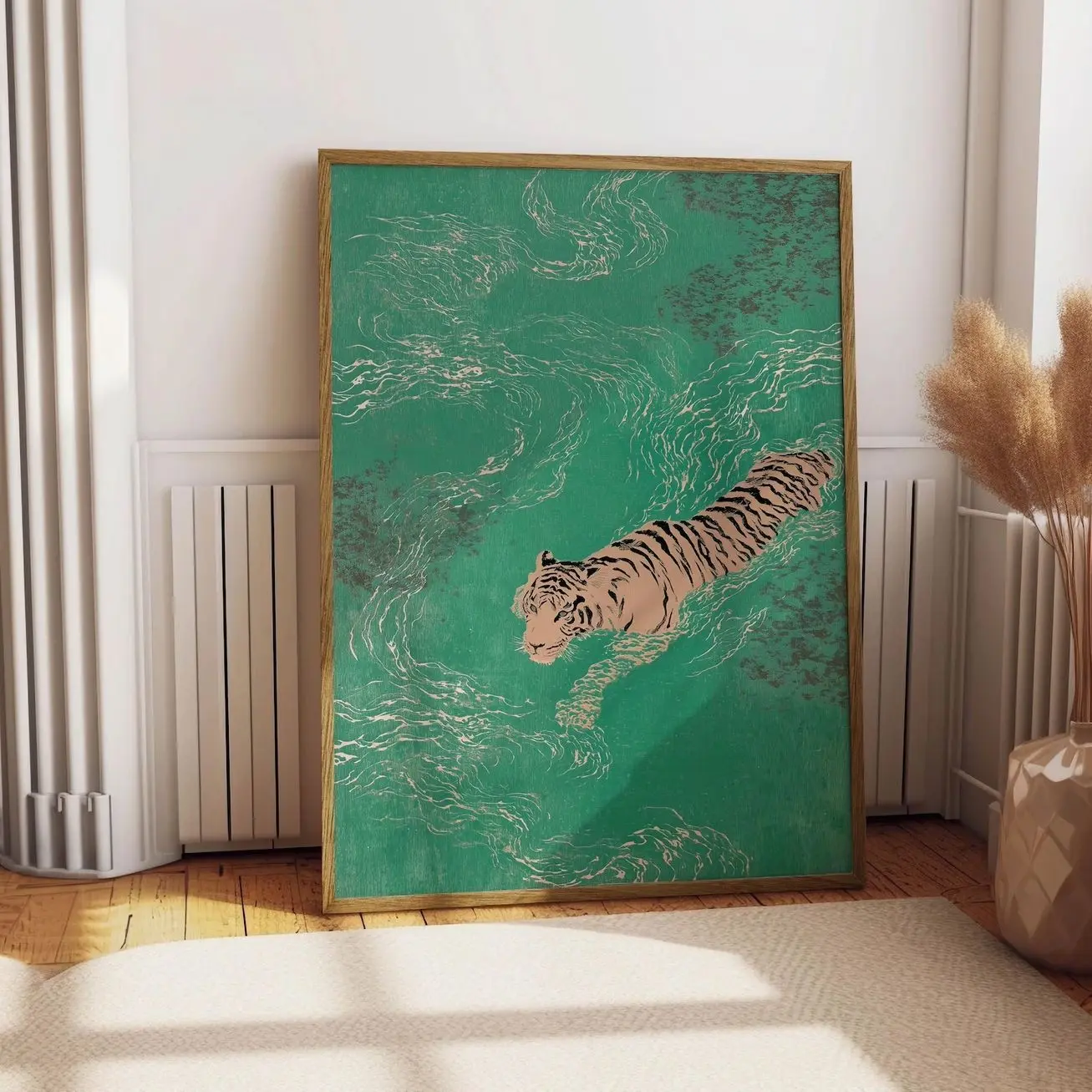 Swimming Tiger Wall Art, Japanese Ukiyo-e Print, Vintage Teal Green Decor B
