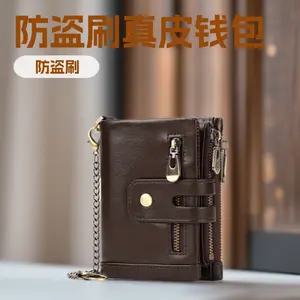 Short genuine leather wallet with RFID protection, top-grain cowhide, multiple card slots, 70% off multi-zipper coin pocket, men's premium leather wallet - RFID blocking, 70% off design, with safety clasp and zipper closure, vintage style black Valentine'