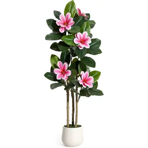 Faux Rubber Tree, Artificial Plants Indoor with Real Touch Leaves and Multi Trunks, Artificial Tree Fake Potted Plants with Pink Flowers for Home Decor Office Living Room