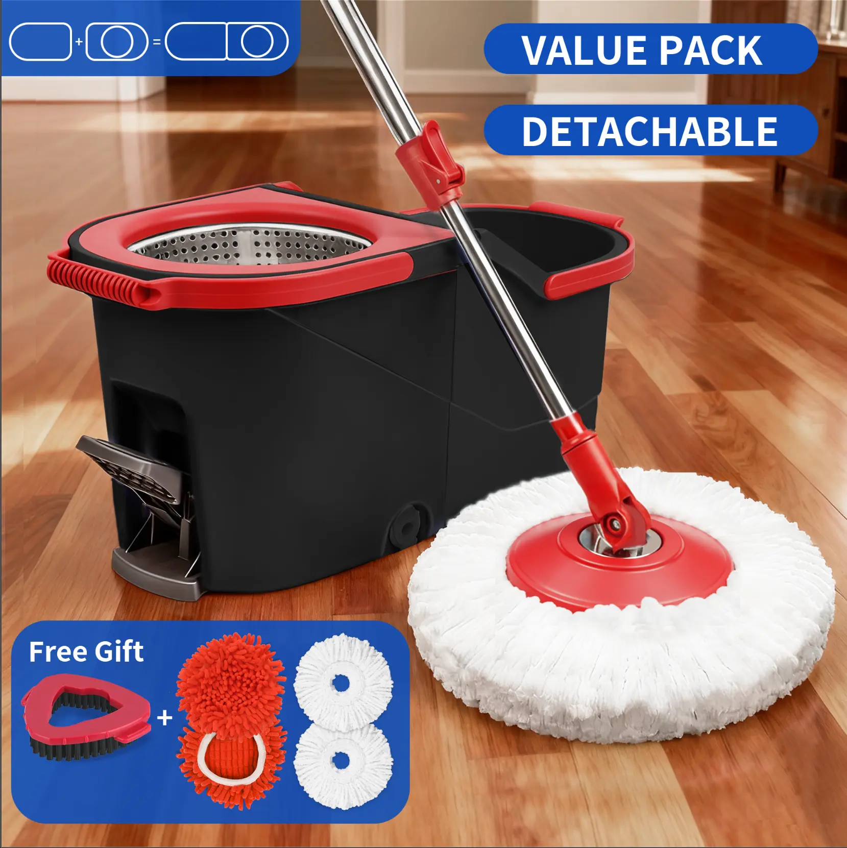 Mop and Bucket Set, Spin Mop Bucket System With Microfiber Mop Replacement Heads Adjustable Handle And 1 Brush Head for Floor Cleaning