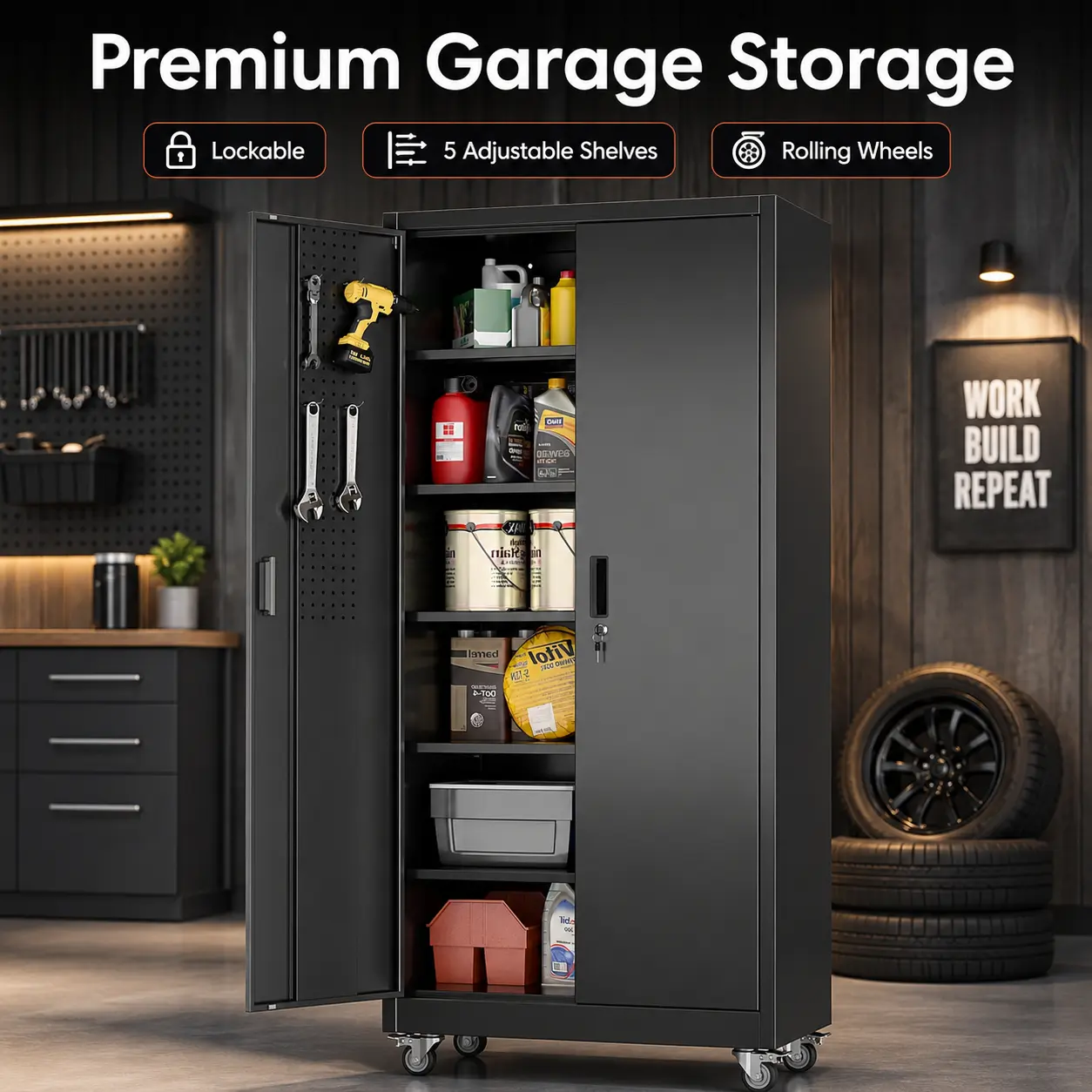 71" Metal Garage Storage Cabinet with Wheels, Heavy Duty Steel Tool Cabinet, Lockable Rolling Storage Organizer with Pegboard Doors, 5 Adjustable Shelves for Garage, Workshop, Home, Office, Pantry, Utility Room, Laundry Room, Black