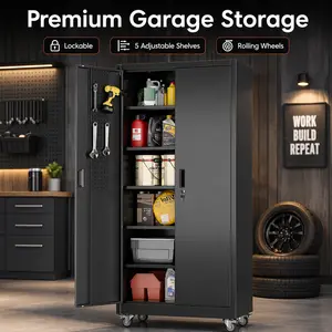71" Metal Garage Storage Cabinet with Wheels, Heavy Duty Steel Tool Cabinet, Lockable Rolling Storage Organizer with Pegboard Doors, 5 Adjustable Shelves for Garage, Workshop, Home, Office, Pantry, Utility Room, Laundry Room, Black summervibes