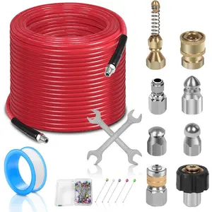 100FT Sewer Jetter Kit for  Washer, 1/4''NPT Drain Cleaner Hose 5800PSI,  Washer Cleaning Kit with Corner Rotating Button Sewer Jetting Nozzles, Quick Connect Set