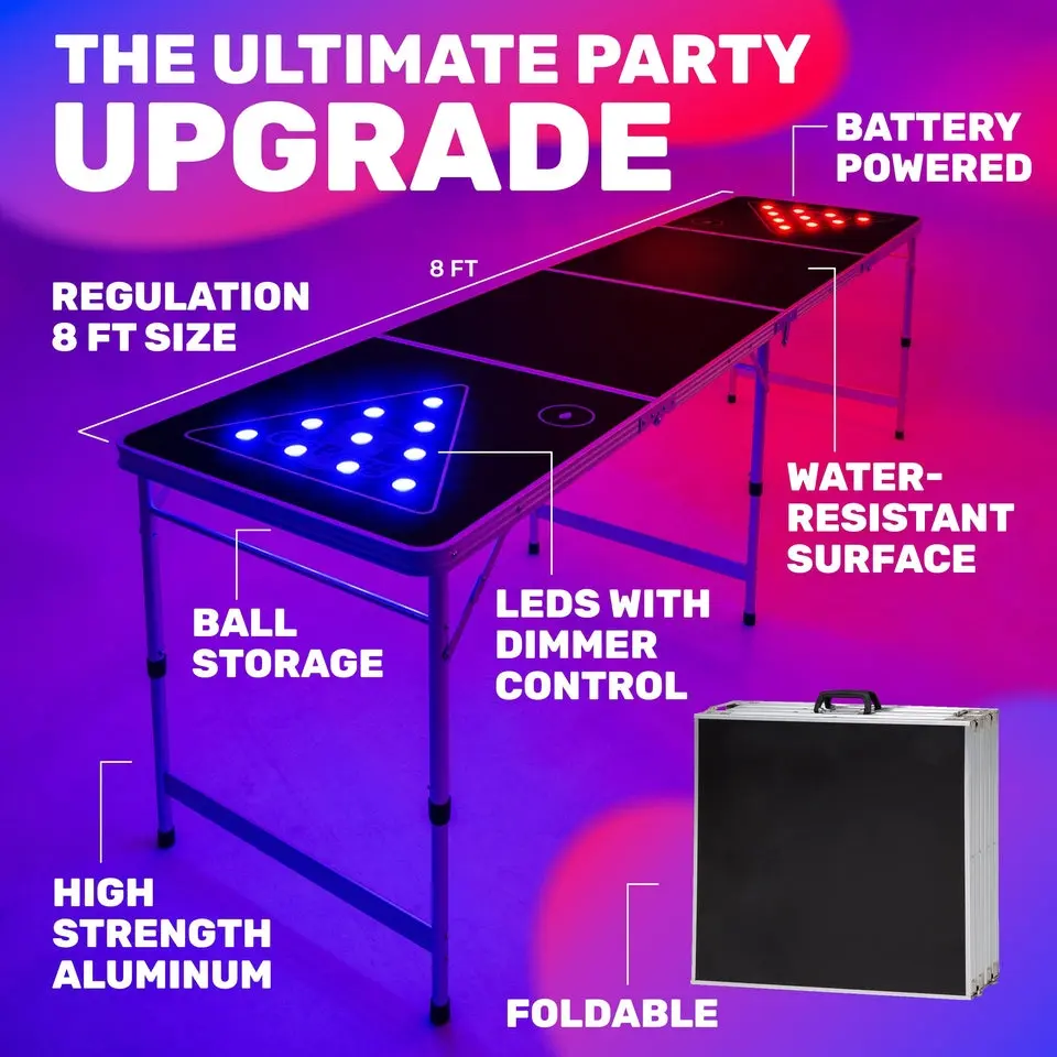 GoPong 8 ft Foldable Beer Pong Table with LED Lights - Regulation Size ...