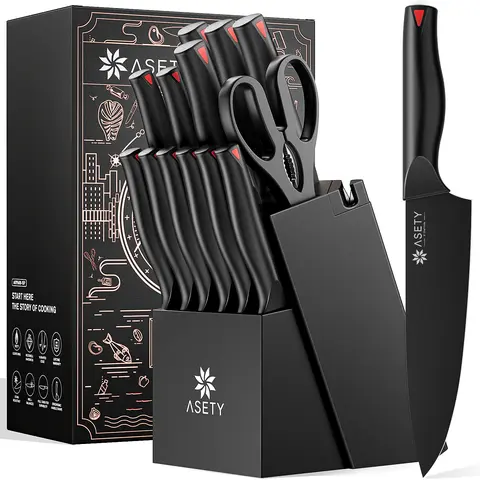 ASETY 15-PCS Modern Kitchenware Cutting Tool Set with Built-in Sharpener Block, High Carbon Stainless Steel Blades, NSF Food Safe, Dishwasher Safe, Professional Steak & Meat Tools, Gift-Ready for Guys
