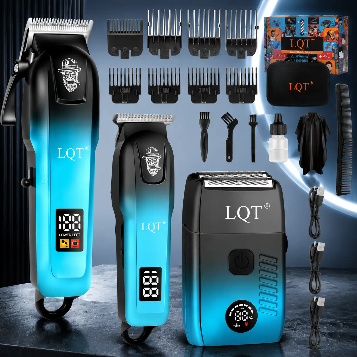 LQT 3-in-1 Professional Men's Barber Kit, Cordless Hair Clippers Set with Trimmer & Foil Shaver, LED Display, Sharp Stainless Steel Blade, Adjustable Facial Grooming Tools for Hair & Beard Styling