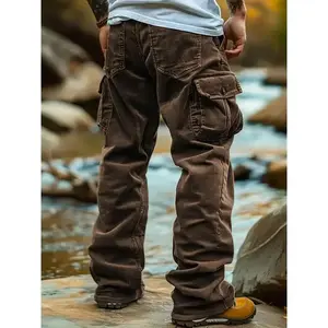 Men's Brown Corduroy Cargo Pants with 3D Pockets - Casual, Breathable, Comfortable Polyester Woven Trousers Everyday Fall/Winter Wear Suits Beige