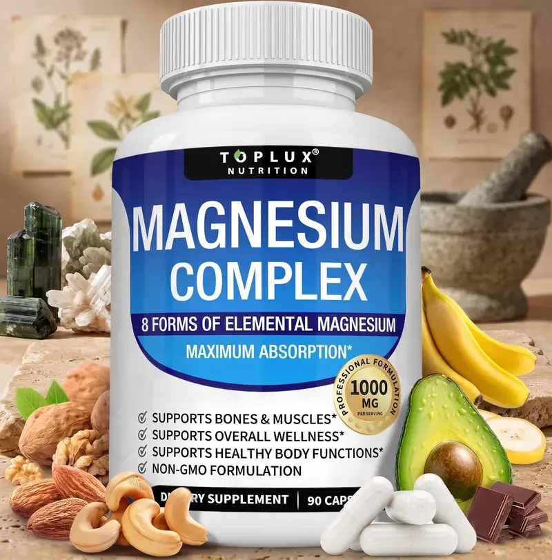 8 in 1 Full Spectrum Magnesium Complex Supplement 1000mg Chelated Magnesium Glycinate Citrate Malate Taurate for Maximum Absorption Muscle Recovery Bone Health Joint Support Sleep Calm Natural Energy Relief Vegan Non GMO 90 Capsules