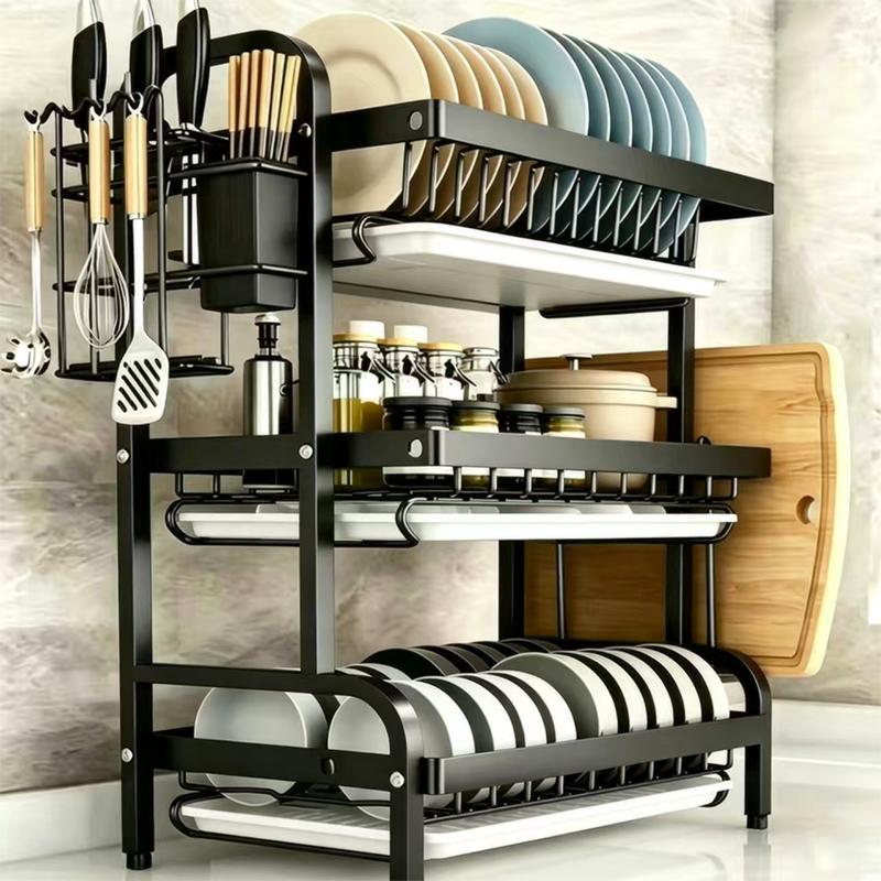 3-Tier Metal Kitchen Counter Organizer - Heavy Duty Dish Drying Rack with Drain Tray & Drainage, Space-Saving Kitchen Accessory Storage Rack for Plates, Bowls, Cups, Utensils, Cutting Boards (Box Pack), Kitchen Accessories
