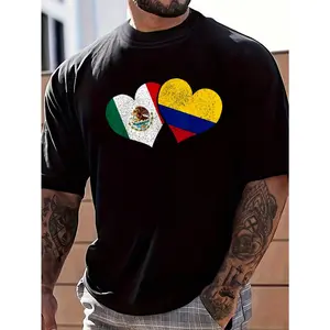 100% Cotton Mexico Colombia Hearts Mexican Colombian Flag Pride T-Shirt Women's Men's Graphic Tee Causal Tops Fashion