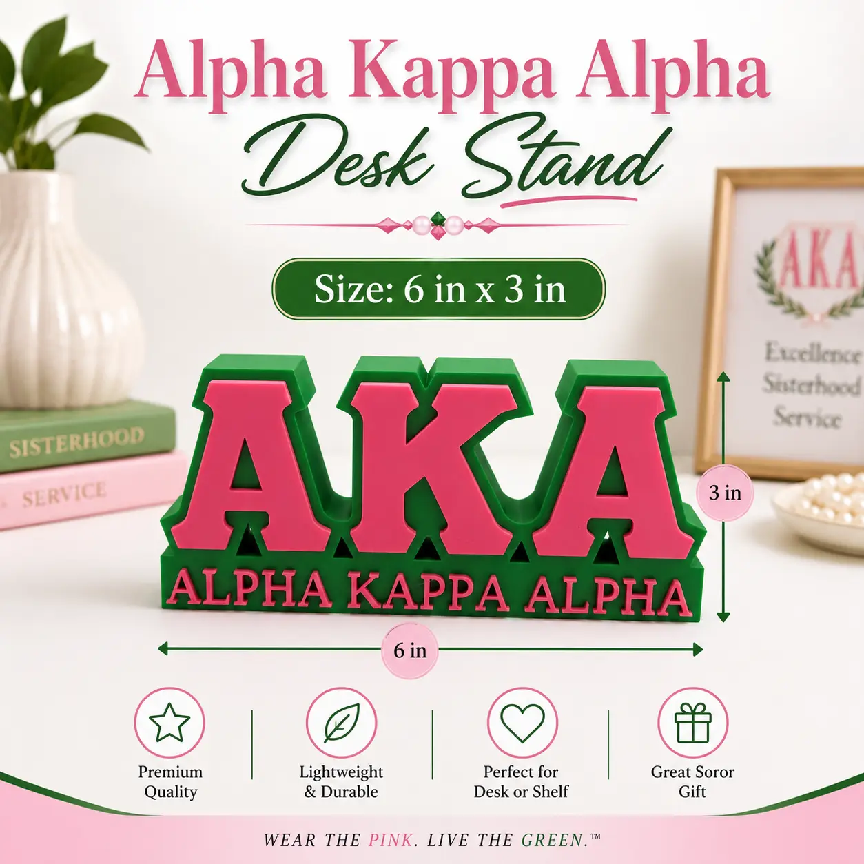Alpha Kappa Alpha Desk Stand | AKA Sorority Desk Decor | Pink and Green Office Shelf Decor | Soror Gift | 6 in x 3 in