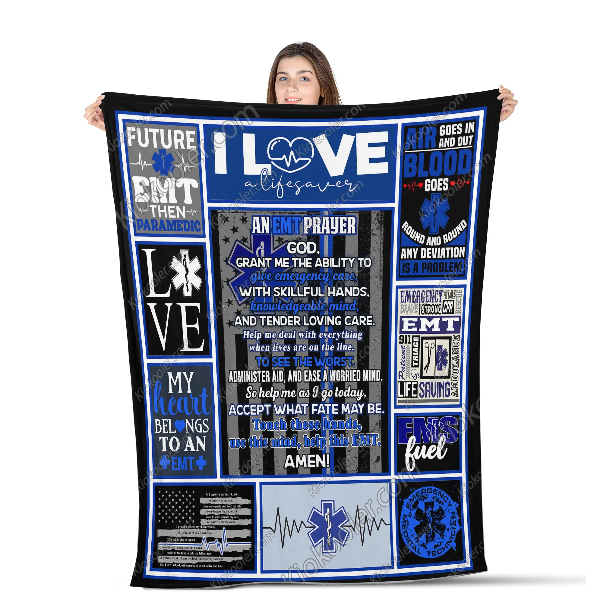 EMT Prayer Blanket, EMT Decor, Pattern On Blue, Gift Blanket, Sofa Throw Blanket Comfort Warmth Soft Blanket Fleece Blanket, Sherpa Blanket