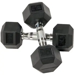 Rubber Encased Hex Dumbbells, 15 lbs Pair, Black