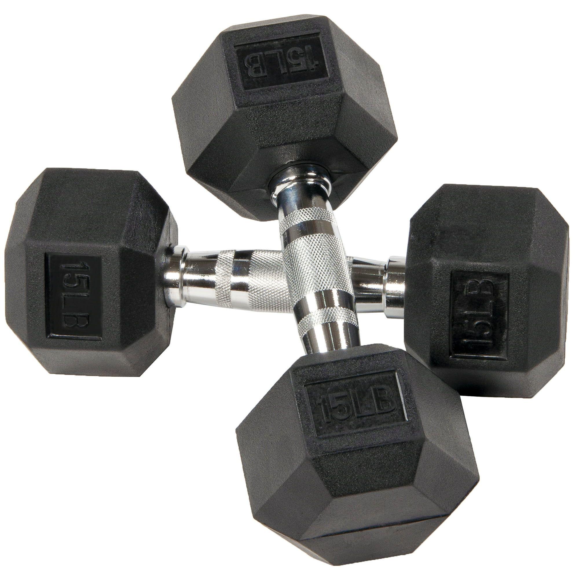 Rubber Encased Hex Dumbbells, 15 lbs Pair, Black