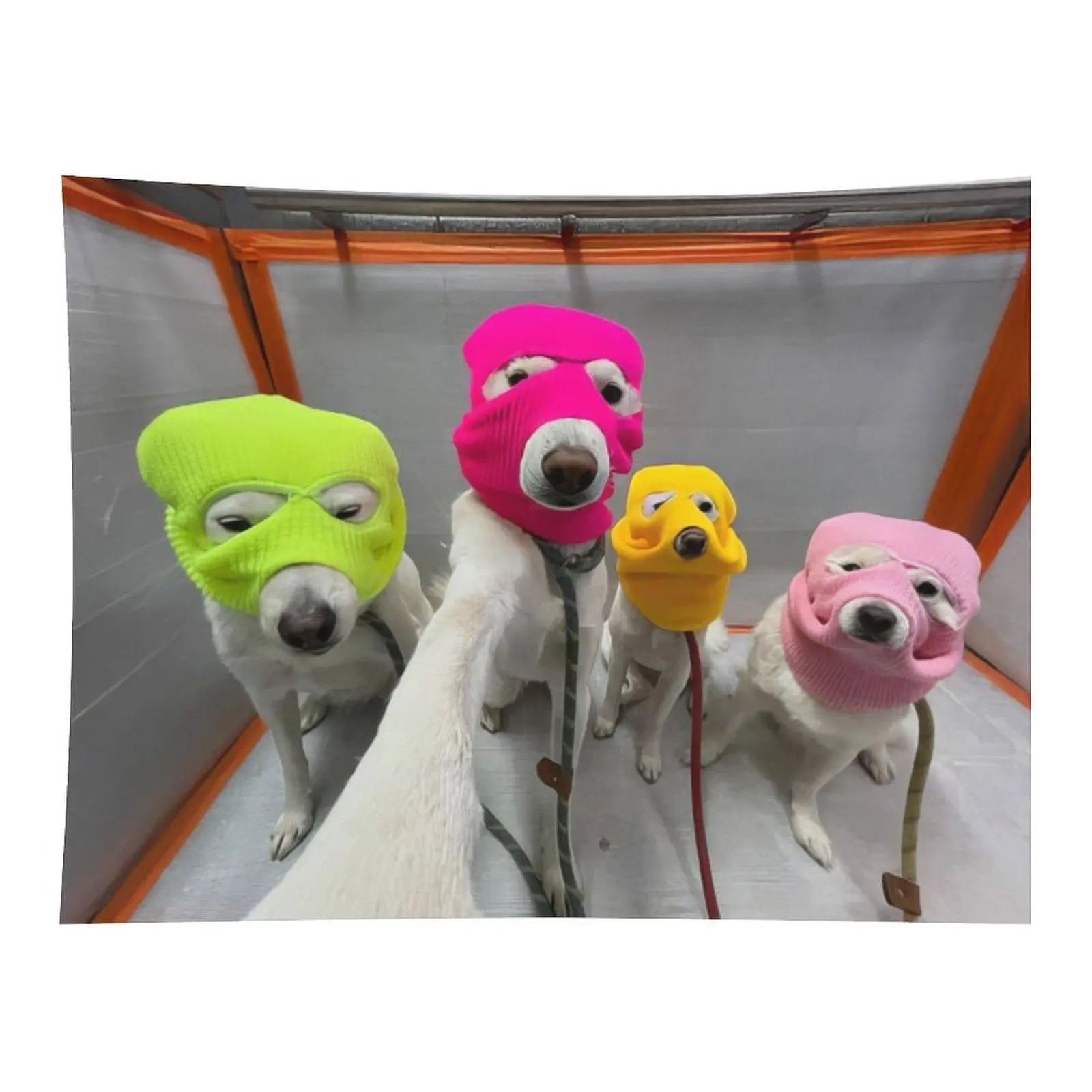 Four White Dogs Bright Color Ski Mask Selfie Wall Tapestry Wall Hanging, Funny Puppy Balaclava Trendy Meme Pet Decor for Teen Bedroom Dorm Laptop Cover