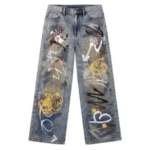 Graffiti Paint-Splatter Street Printed Denim Jeans with Unique Artistic Design for Bold Fashion Statements