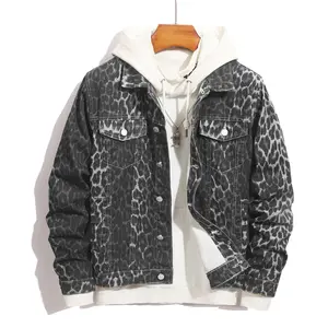 SRETOUU Streetwear Men Stylish leopard Print Slim Denim Jacket Male Casual Jean Jacket Coat Menswear Tops Long Sleeve Personalized