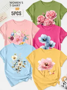 Women's 5-Pack Casual Short Sleeve Crew Neck T-Shirt, Watercolor Daisy & Bee Pastoral Floral Print, Multiple Colors, Machine Washable, Spring & Summer Top, Soft Skin-Friendly Fabric, Daily Wear, Fashion Design