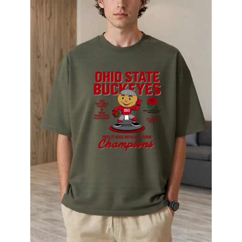 Men's Retro Nostalgic Ohio State University 2024 Big Ten Championship T-Shirt - Heavy 100% Cotton Short Sleeve Top With Rose Bowl Championship Pattern, Loose Breathable Summer Casual Sweatshirt